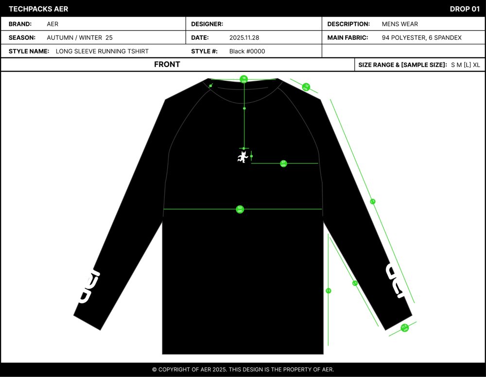Tech pack of the Aer long sleeve running t-shirt, front view with measurements